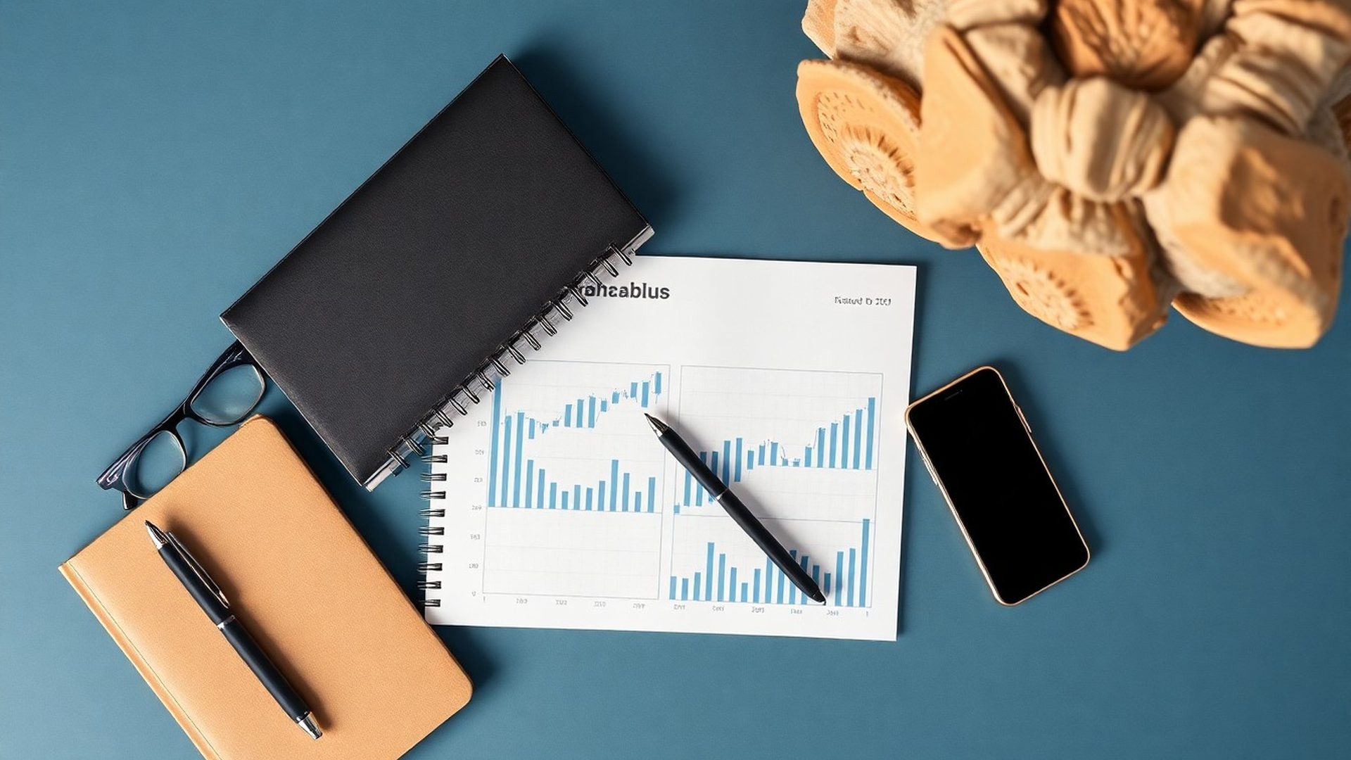 Bilježnica, olovka i telefon s financijskim grafovima na radnom stolu