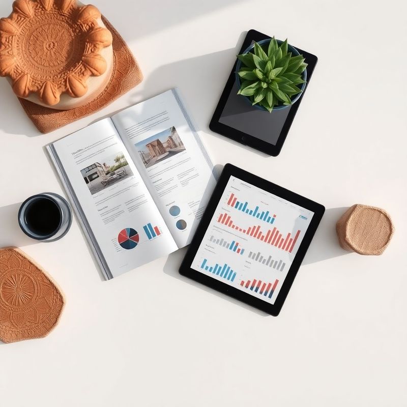Otvoren časopis i tablet s podatkovnim grafovima na uredskom stolu